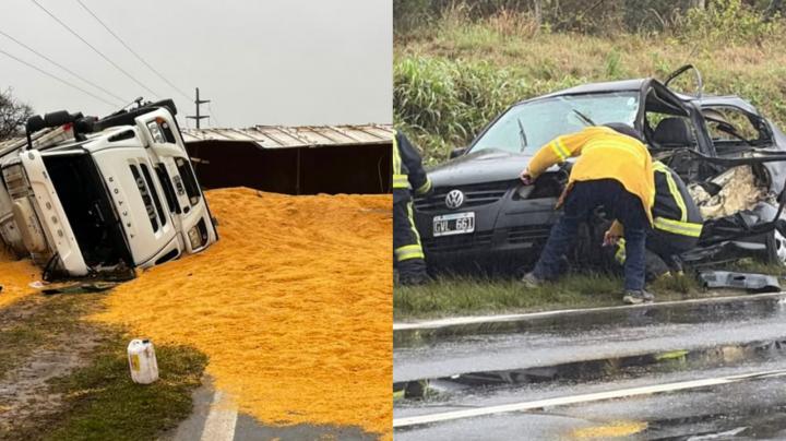 Fuerte choque entre un camión, una trafic y un auto que venía remolcado en la ruta